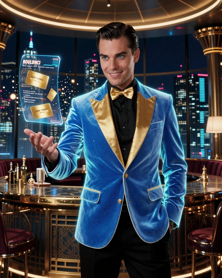 SlotLounge Casino Lounge-Host Lukas in Neon-Smoking pr&auml;sentiert holographisches Bonusmen&uuml; mit &euro;15.000 Willkommenspaket